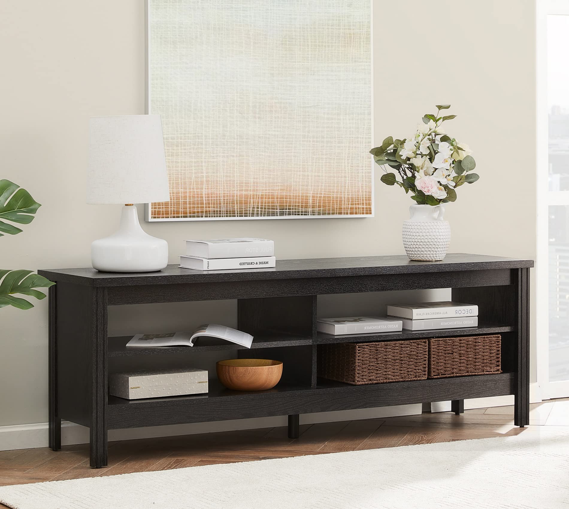 Large Wooden Entertainment Center for 100+ Inch TV, 75-90 Inch Television Stand With 8 Cubby, Console Table and End Tables Set for Living Room Office Bedroom, Black, 105 Inch