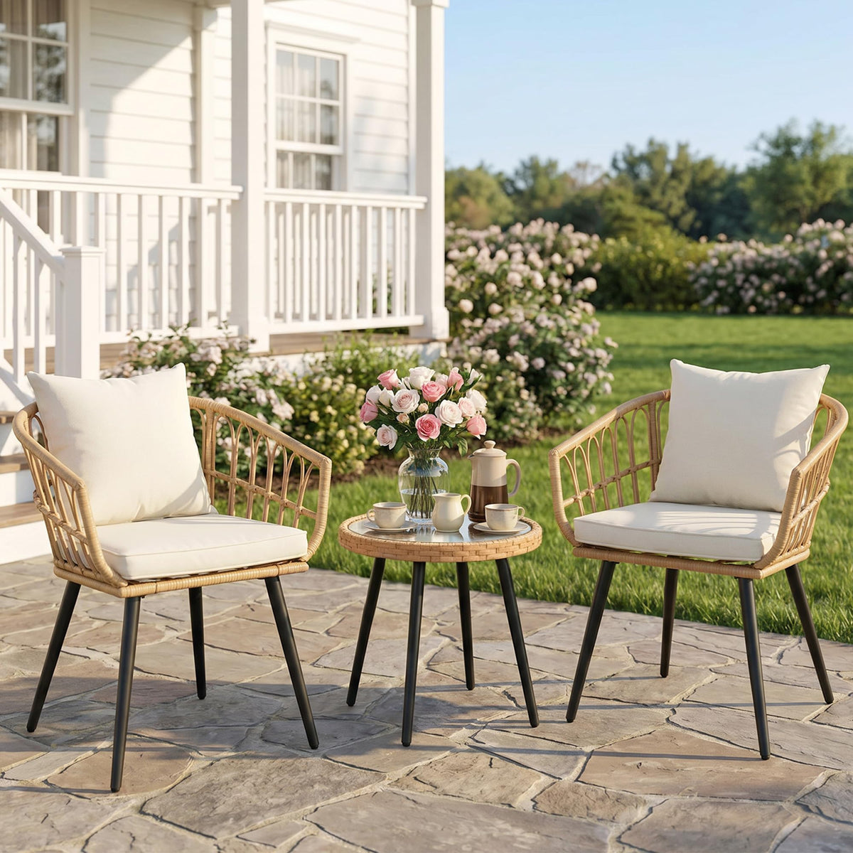 Maagorbyme 3 Piece Patio Bistro Set, All-Weather Outdoor Wicker Patio Furniture Set, Bistro Table and Chairs Set of 2, Space Saving Balcony Furniture Sets for Apartment, Garden, Poolside, Backyard