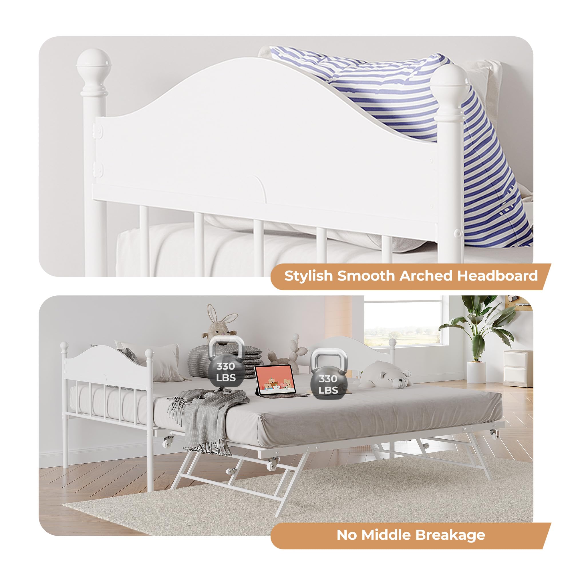 Daybed with Trundle, Metal Twin Size Day Bed with Stylish Headboard, Sofa BedFrame with Pop Up Foldable Trundle Bed, Heavy Duty Steel Slats Platform for Living Room, Bedroom and Guest Room, White