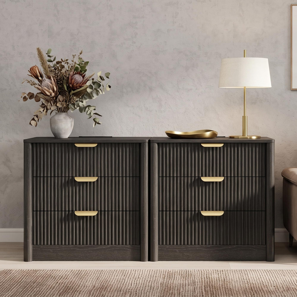 PLRSOZIM 23.6" Black Fluted Nightstand with Charging Station and 3 Drawers