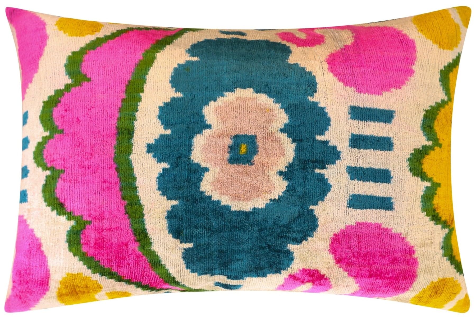 CANVELLO Handmade Velvet Lumbar Pillow 16"x24" in Bright Pink, Teal, and Yellow Floral Ikat Design with Premium Down Feather Insert