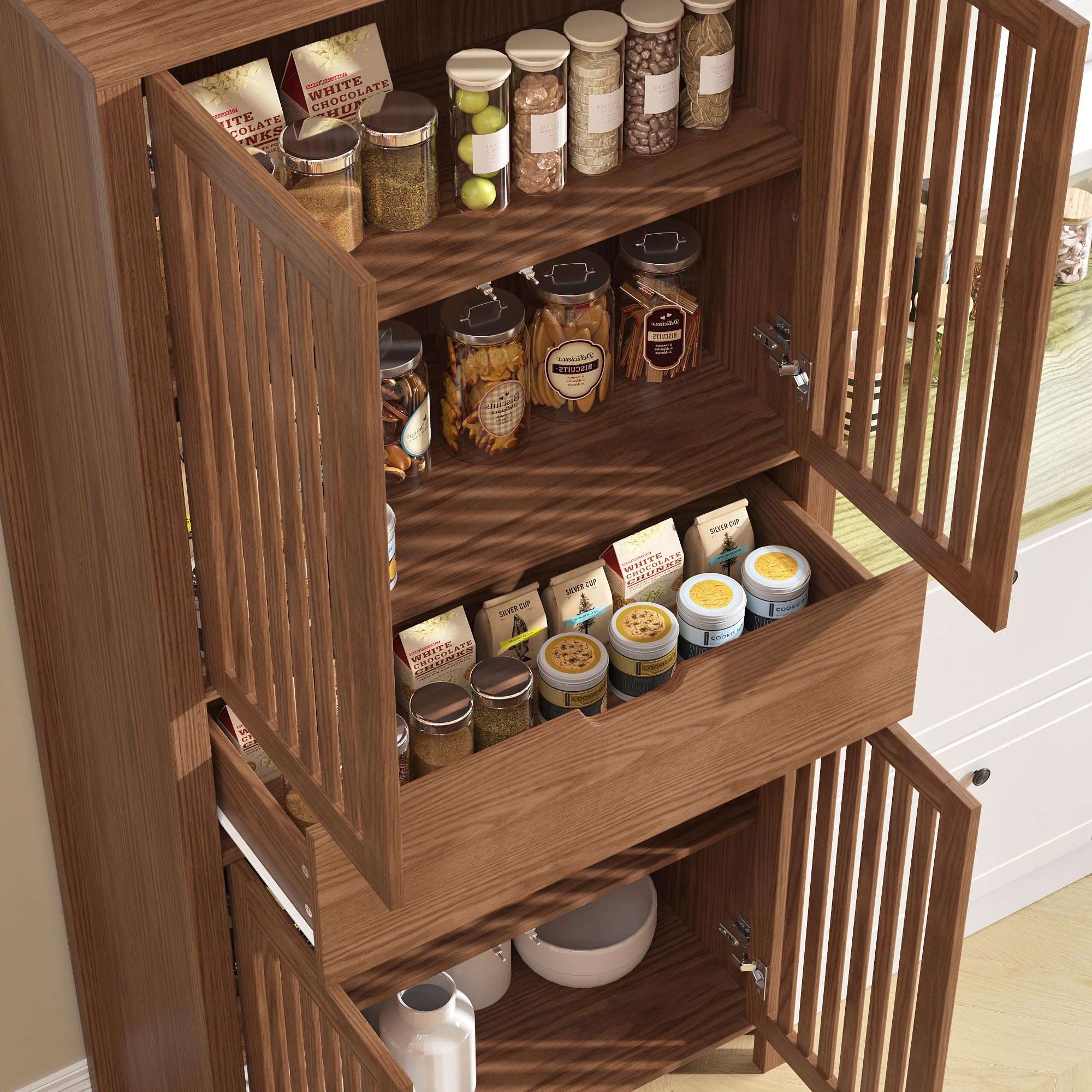 BVIUNTWO 69" Tall Farmhouse Storage Cabinet with Drawer & Adjustable Shelves, Grille Door Organizer Unit, Anti-Tip Design for Bathroom, Kitchen, Living Room, Rustic Brown