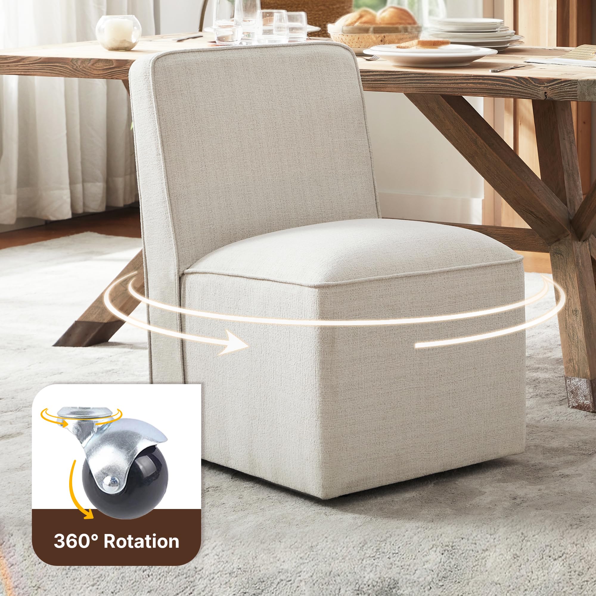 JOFFVIG Upholstered Dining Chair with Casters Set of 4, Armless Modern Rolling Chenille Dining Chairs with Wheels for Dining Room Bedroom Reading Room Living Room