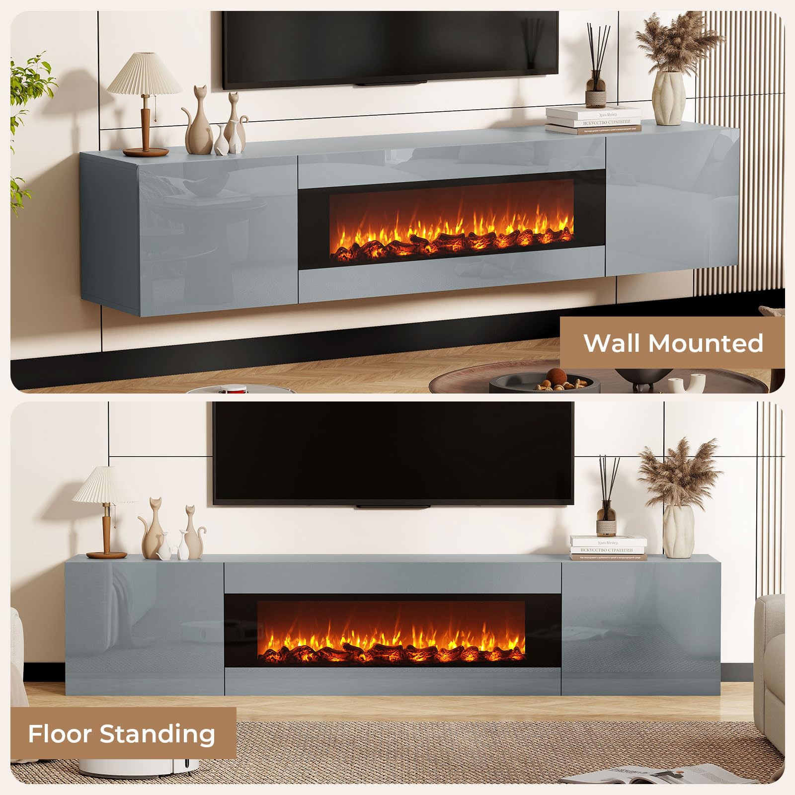 BREEZEHEAT 70'' Floating TV Stand with Fireplace, Modern Wall Mounted Entertainment Center for TVs Up to 80", High Gloss Media Console for Living Room, Decorative Faux Fireplace, Remote Control, Grey