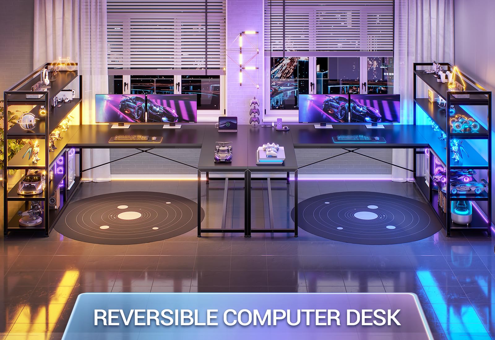 L-Shaped Gaming Desk with LED Lights & Storage Shelves