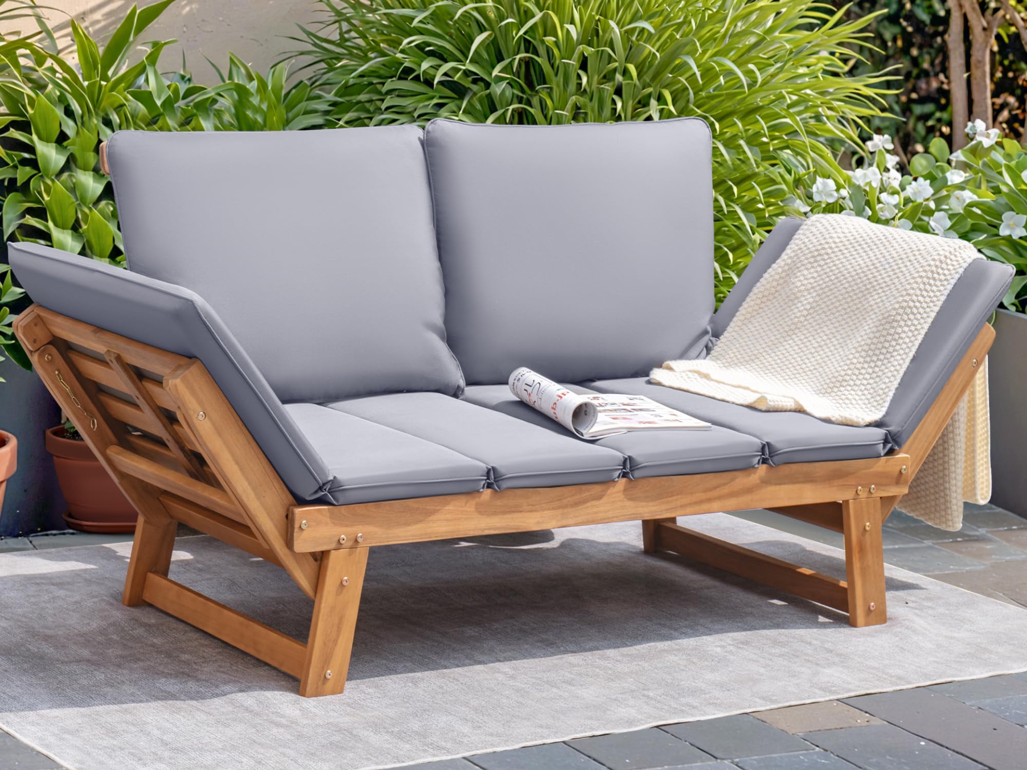 Outdoor Convertible Daybed Sofa with Acacia Wood Frame