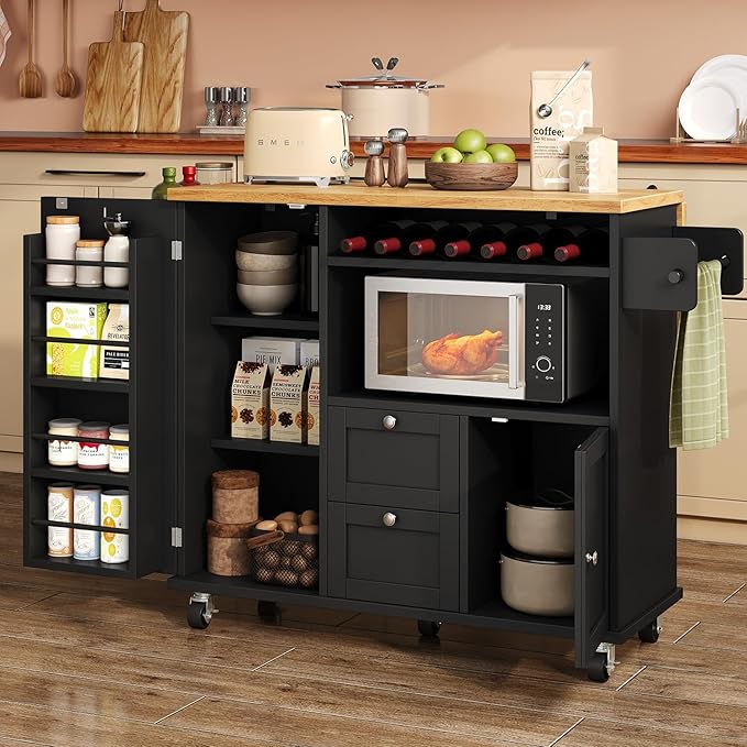 knoworld Rolling Kitchen Island with Storage Cabinet, 41.3'' Width Kitchen Cart with Desktop Drop Leaf Countertop, Portable Mobile Island with Towel Rack, Spice Rack Shelf, White