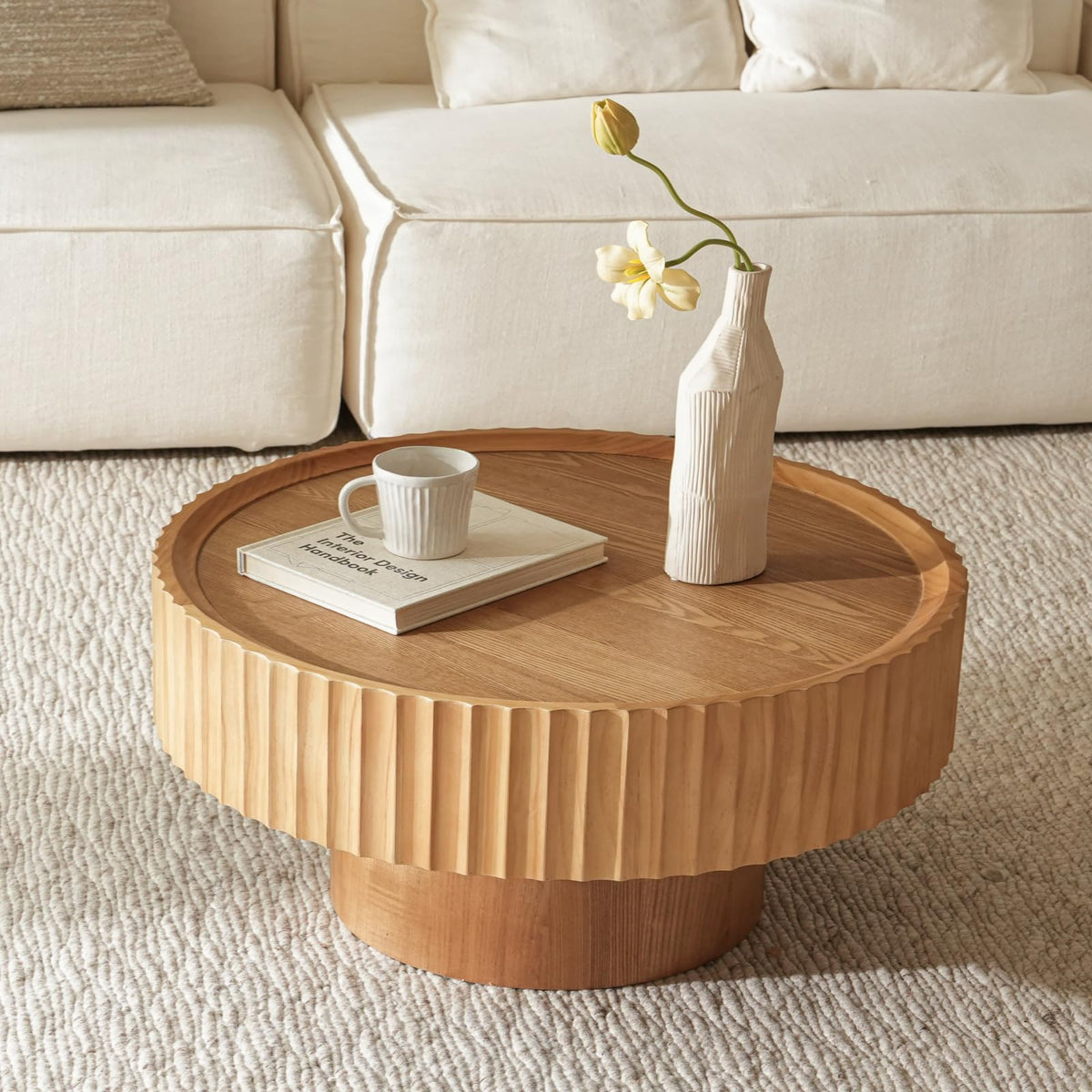 Veihaus Round Coffee Table, 31.8” Coffee Table with Storage, Fluted Drum Modern Living Room Table, Mushroom Shape Wood Center Tables, Coffee Tables for Living Room(31.8''L×13.7''H,Nature Wood)