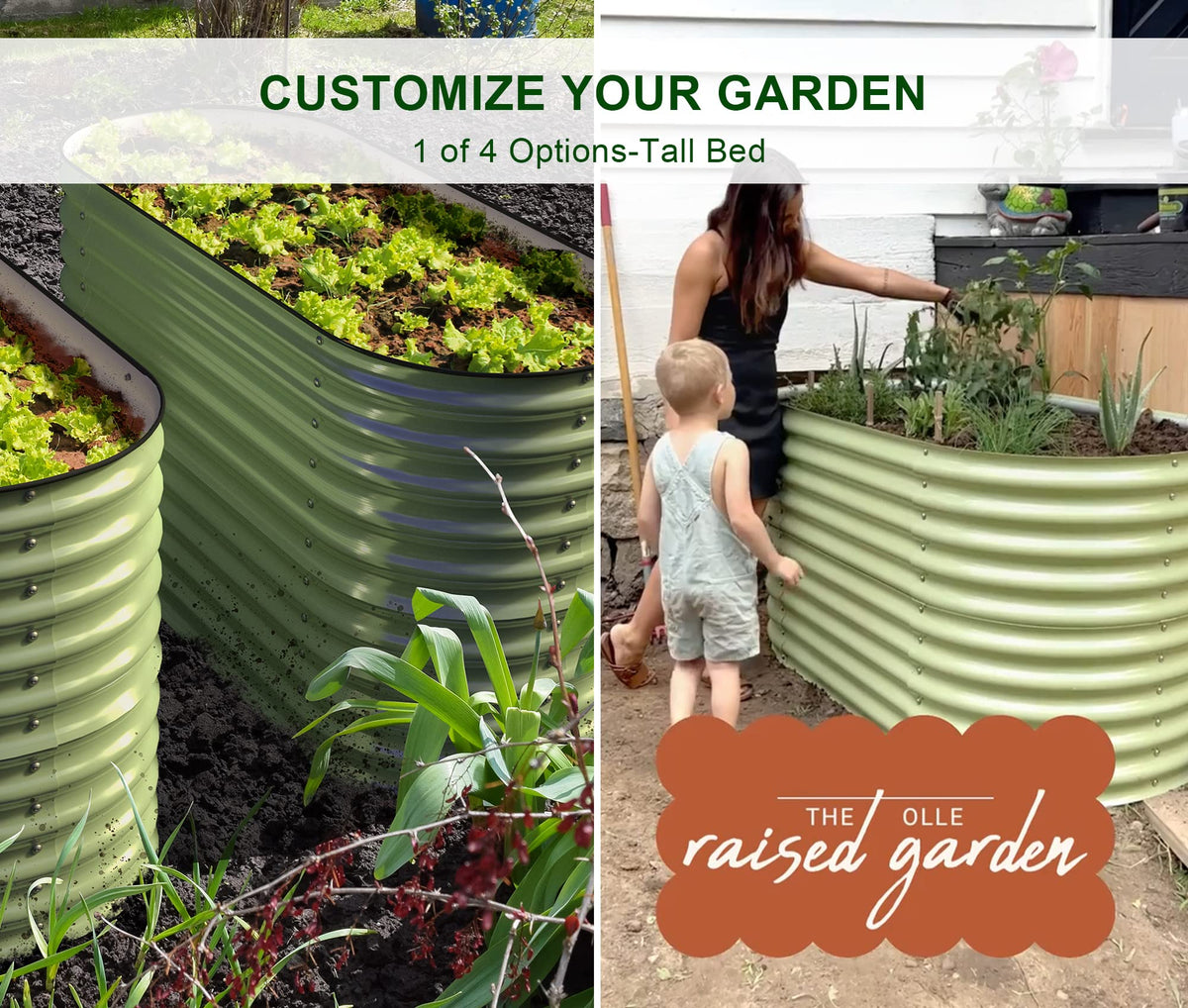 Olle 4-Style Modular Galvanized Raised Garden Beds Outdoor Easy Quick Setup, 17" Tall, 4-in-1 Metal Planter Boxes Outdoor for Flowers Vegetables Fruits Herbs DIY Gardening, Sage Green