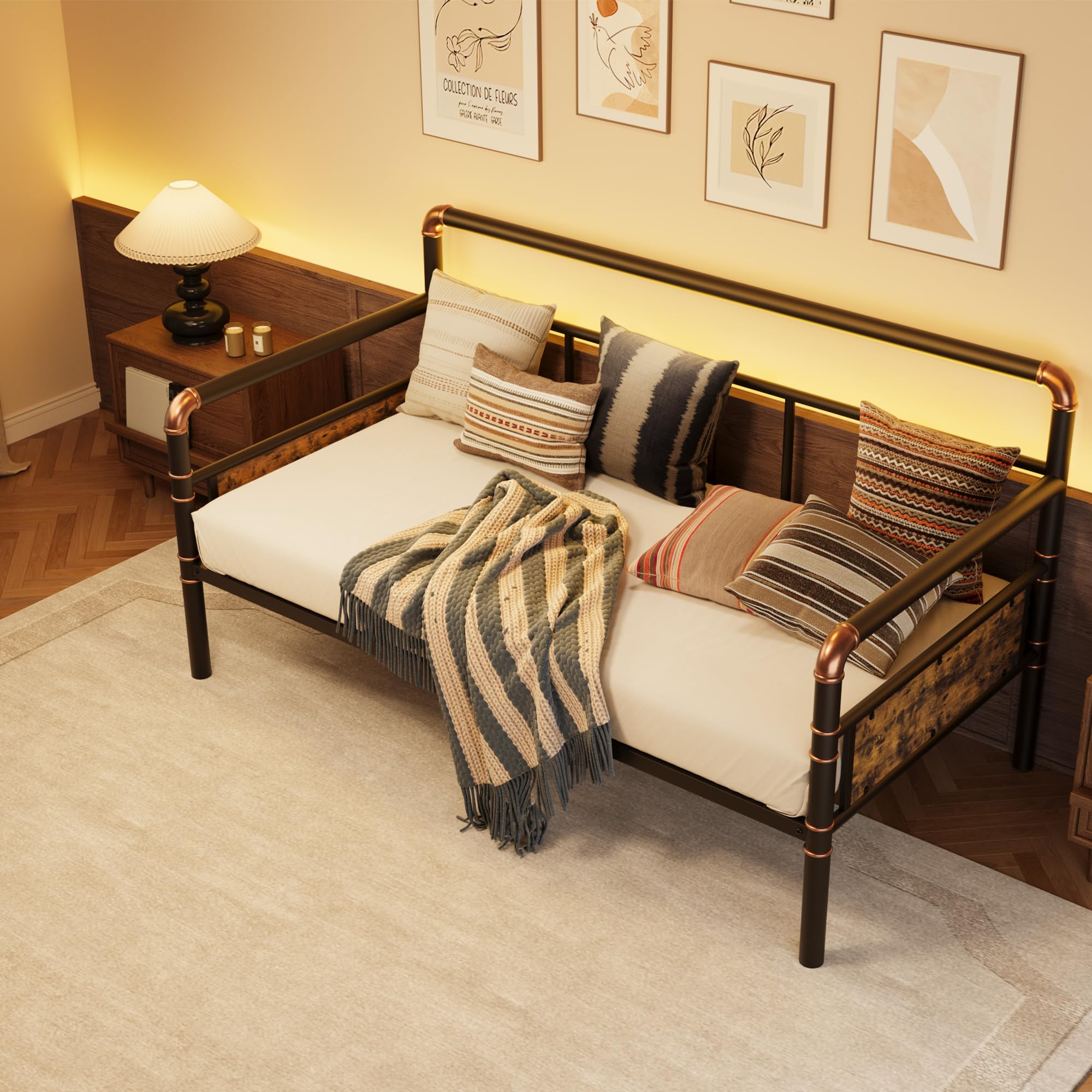 Garvee Metal Daybed Frame Twin Size, Heavy Duty Day Bed with Classic Headboard and Steel Slat Support, Sofa Bed Platform for Living Room Guest Room, No Box Spring Needed，Brown