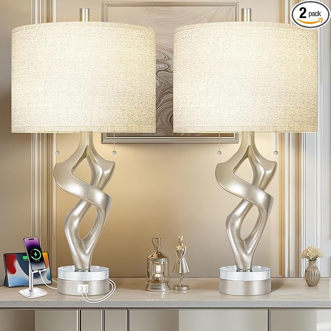 Sculptural Table Lamp Set of 2 with USB Ports & Marble Base