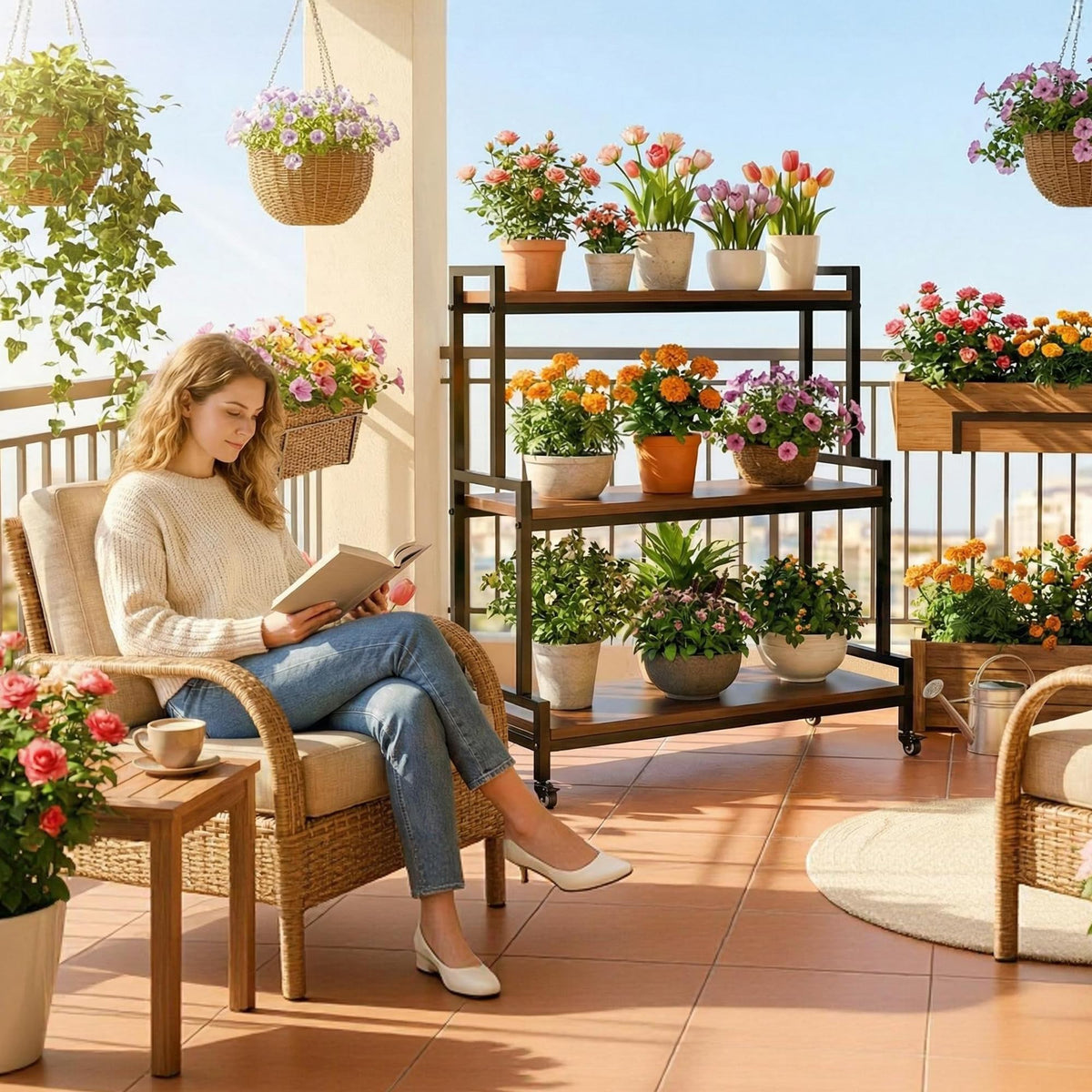 3-Tier Rolling Wood Plant Stand