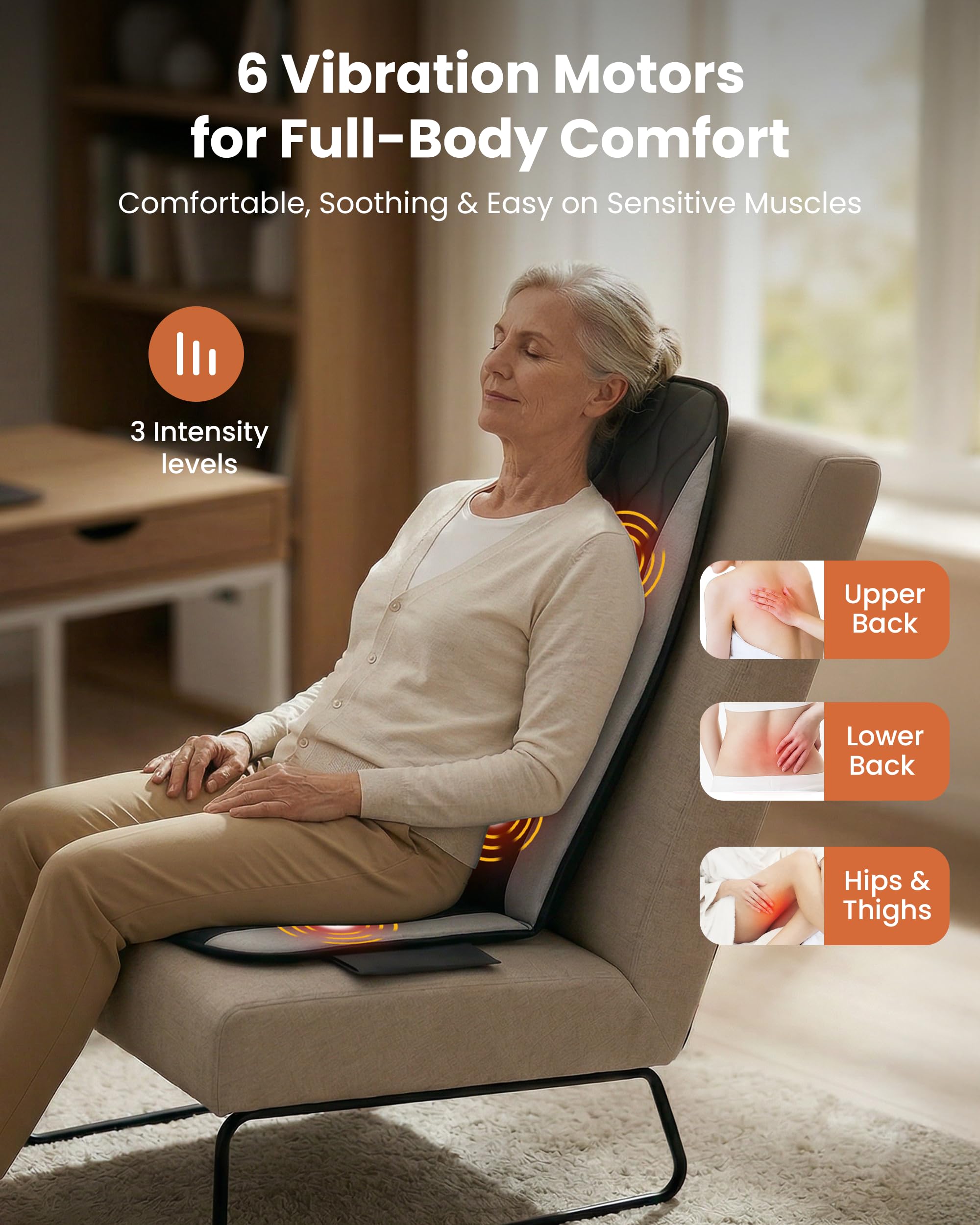 CILI Vibration Massage Chair Pad, Quiet Back Massager for Office Chair, Sofa & Recliner, Independent Graphene Heat & Massage Control, Fathers Day Gift for Back Pain Relief (Vibration Only)