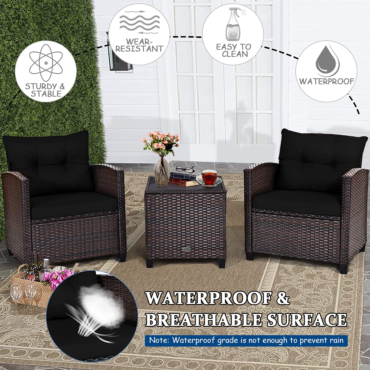 3-Piece Outdoor Rattan Conversation Set with Cushions & Glass Table
