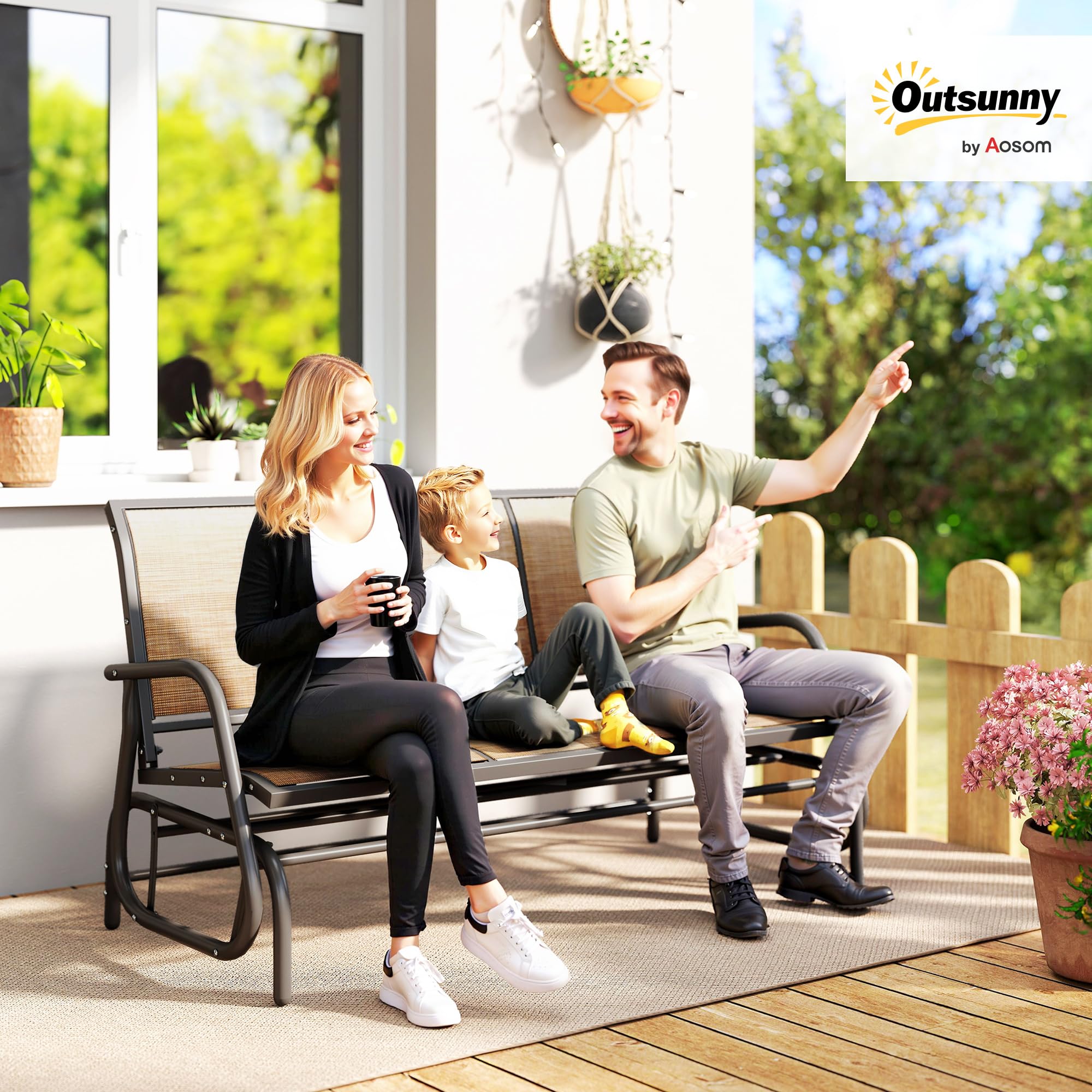 Outsunny 3-Person Patio Glider Bench, Outdoor Porch Glider Swing with 3 Seats, Breathable Mesh Fabric, Metal Frame, Light Mixed Brown