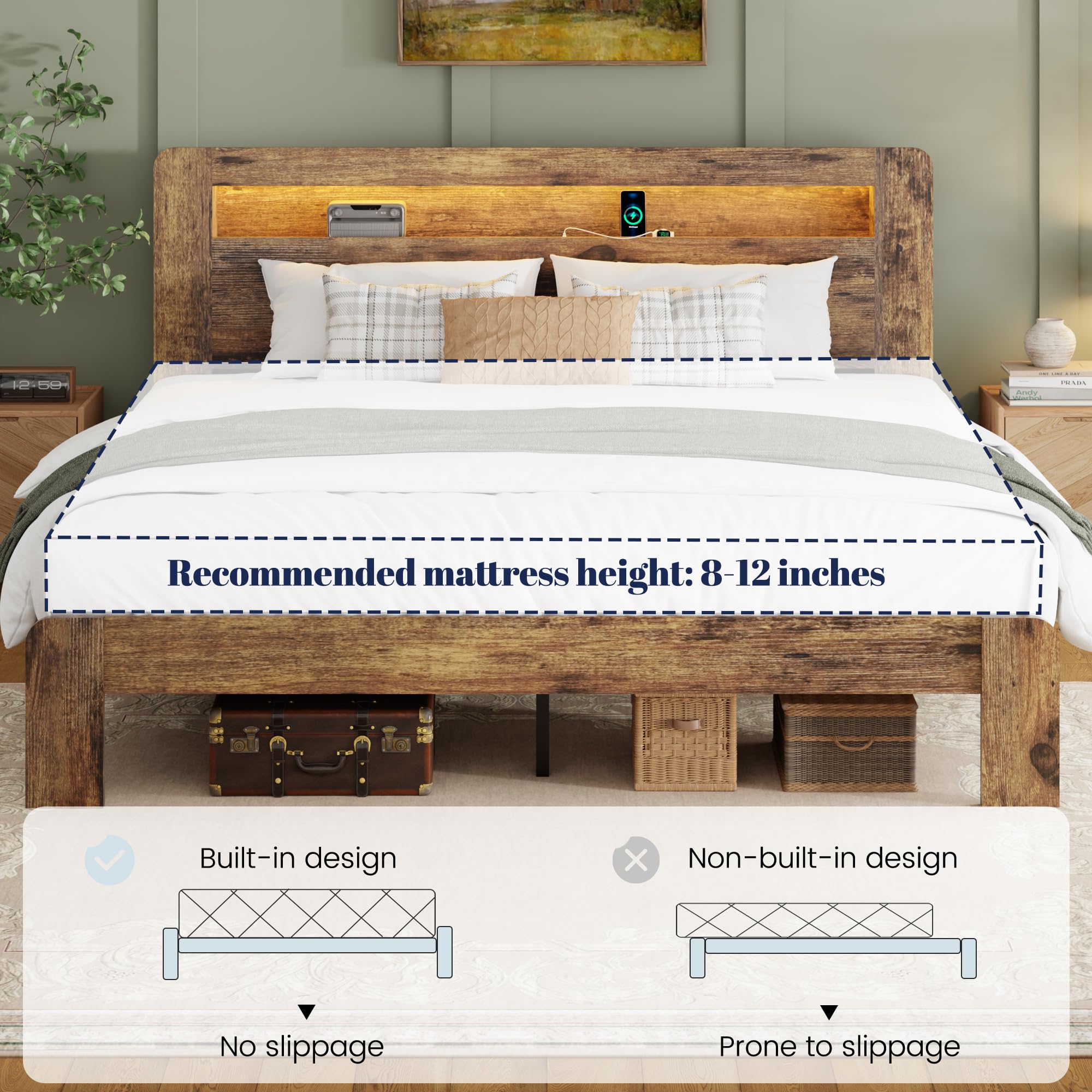 Wooden Platform Bed Frame with Storage Headboard, Charging Station & LED Lights