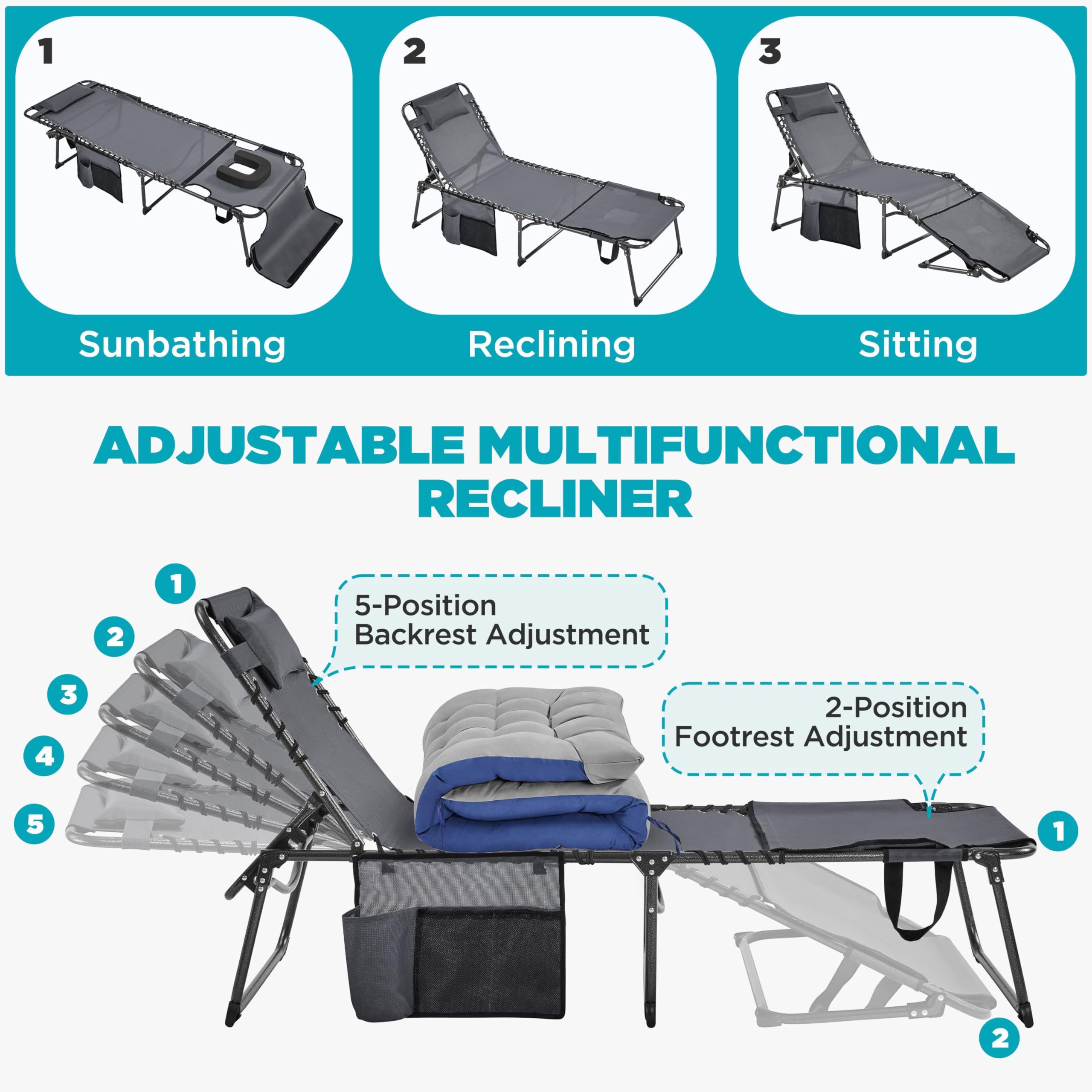 Folding Chaise Lounge Chair with Face Hole & 5-Position Backrest