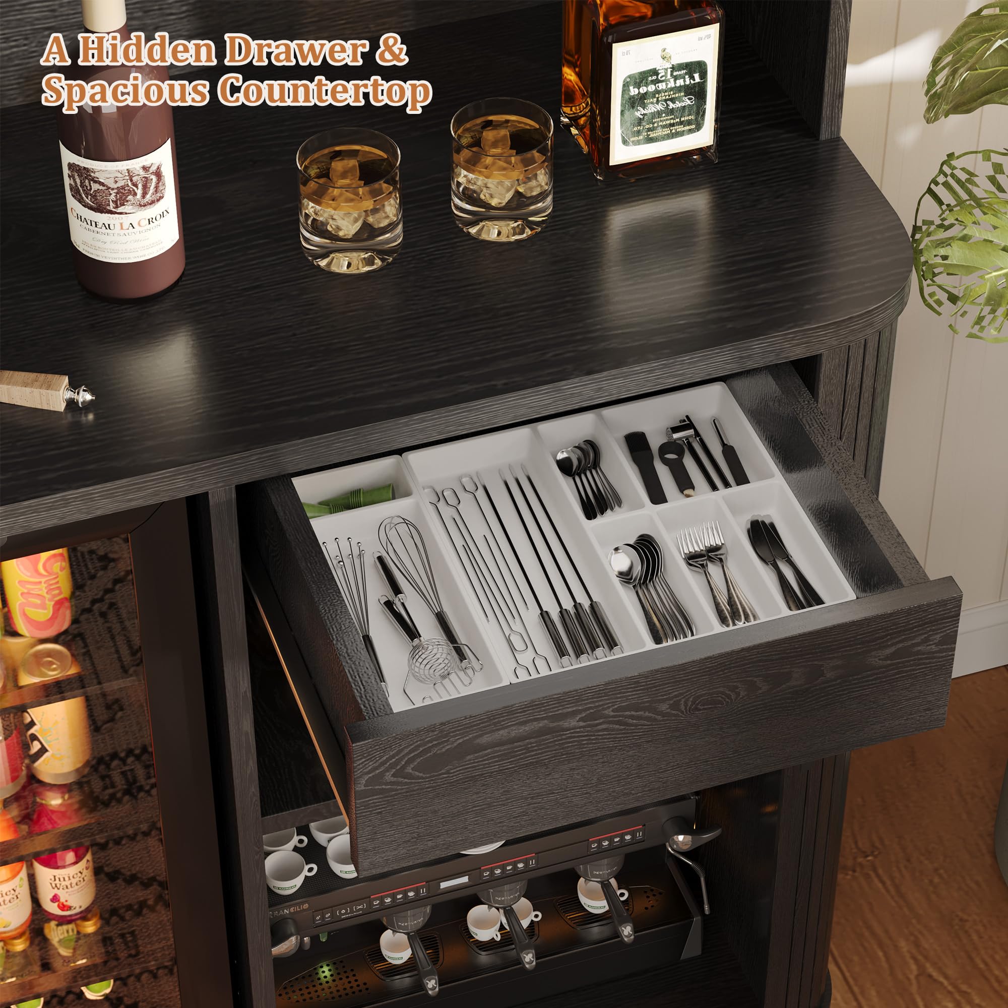 Godchoices 70.8" Kitchen Pantry with Fridge Space, Fluted Coffee Bar Cabinet with Mini Fridge Space, Power Outlet & Drawer, Tall Wine Bar Cabinet with Glass Holder,Wine Rack & Storage Hutch for Home