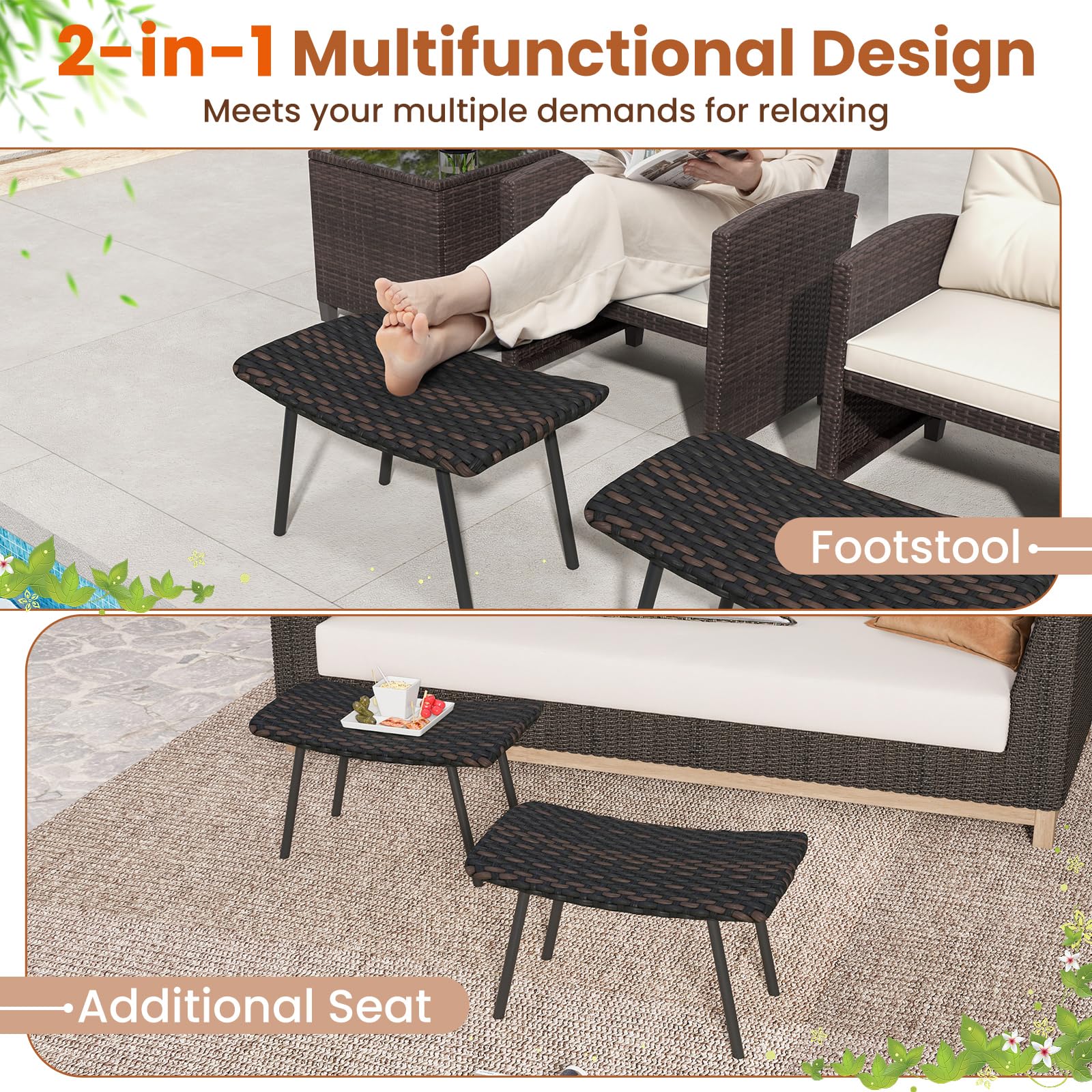 Outdoor Rattan Ottoman Set of 2