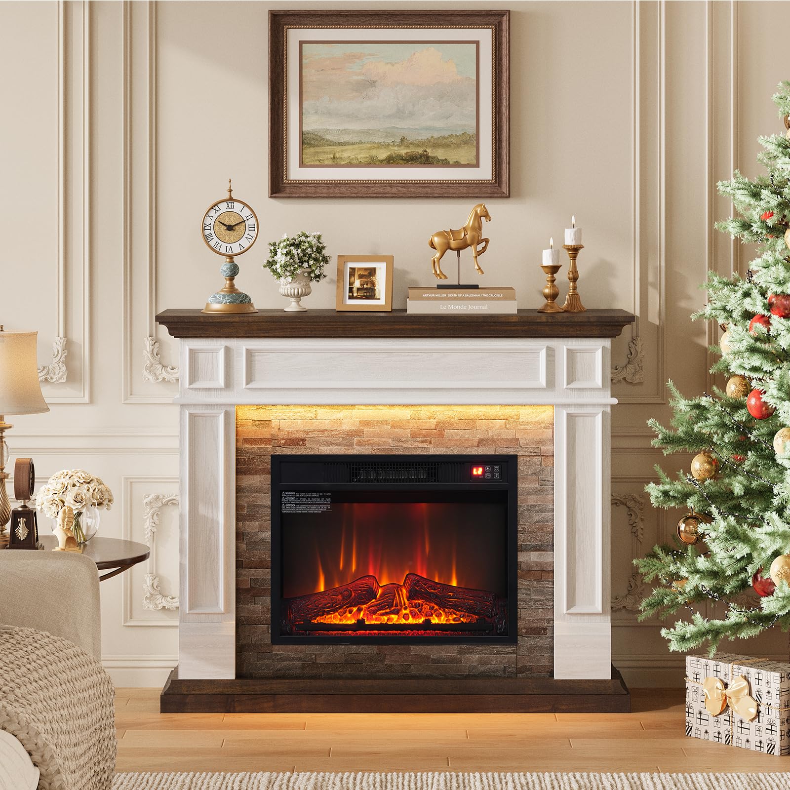 44 Inch Electric Fireplace Mantel with LED Farmhouse TV Stand, Stacked Stone Surround, 23" Insert, Freestanding Entertainment Center, 3D Flame Heater for Living Room, Bedroom, White & Brown