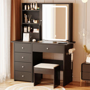 DYHOME Makeup Vanity Desk with LED Lights Mirror, Vanity Table Set Black