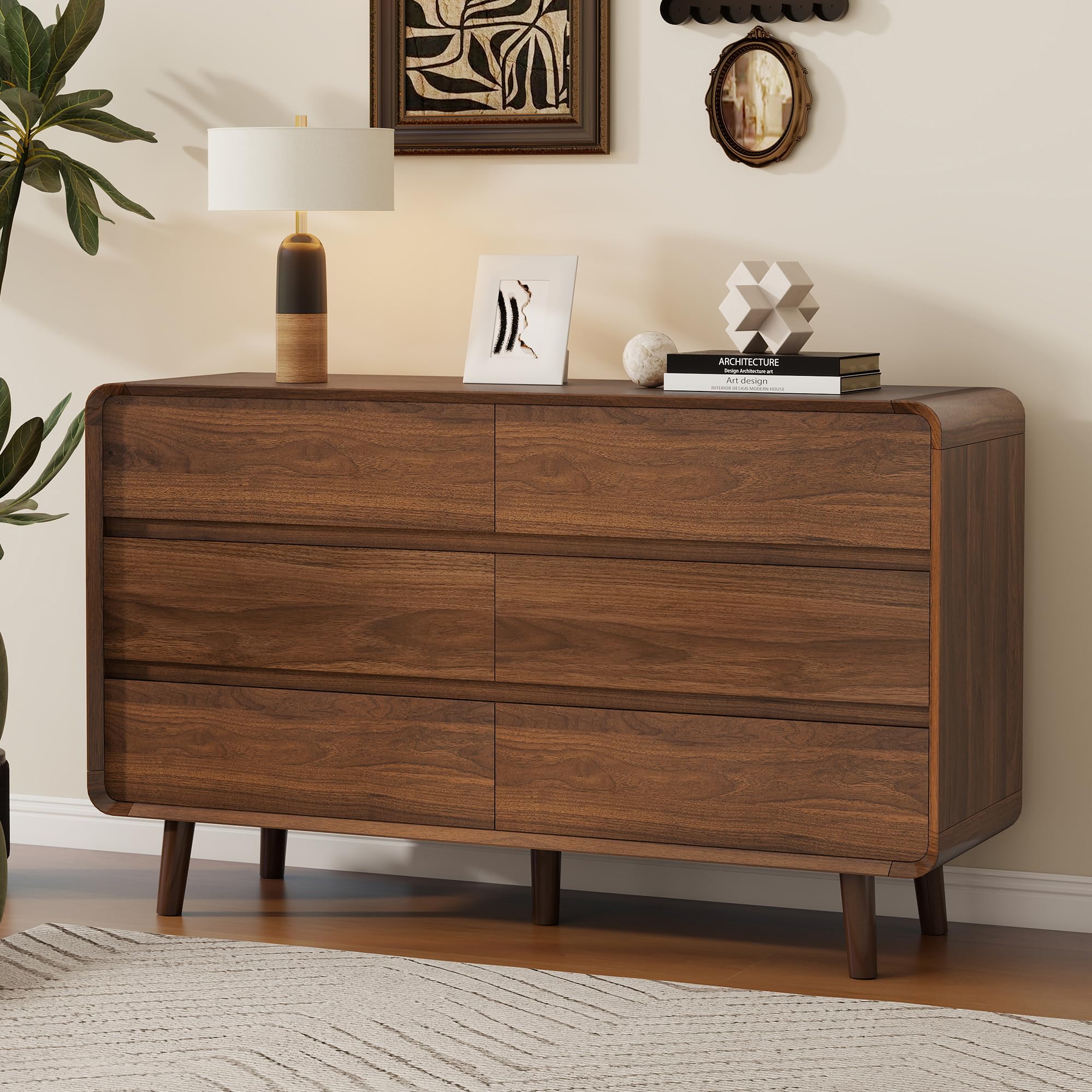 Nasonet Mid Century Modern Dresser for Bedroom, 47'' Wide Dressers & Chests of Drawers with 6 Storage Drawers, Wood TV Stand Dresser for Closet, Walnut