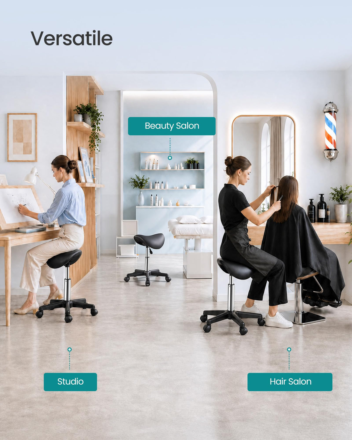 SONGMICS Ergonomic Saddle Stool with Wheels, Rolling Stool