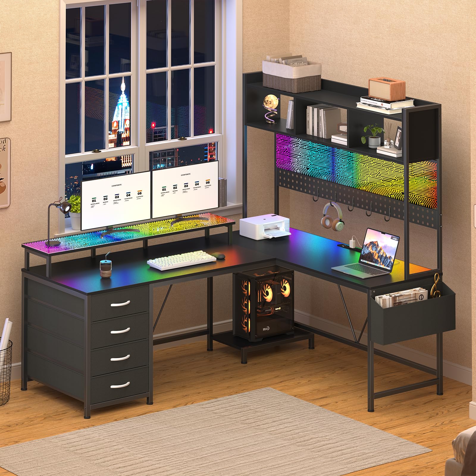Gacfiew L Shaped Gaming Desk with Hutch, Reversible Computer Corner Desk with Drawers, Gaming Desk with LED Lights Panel, Power Outlets, Pegboard and Monitor Stand, Black