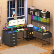L-Shaped Gaming Desk with Hutch, Drawers & LED Lights