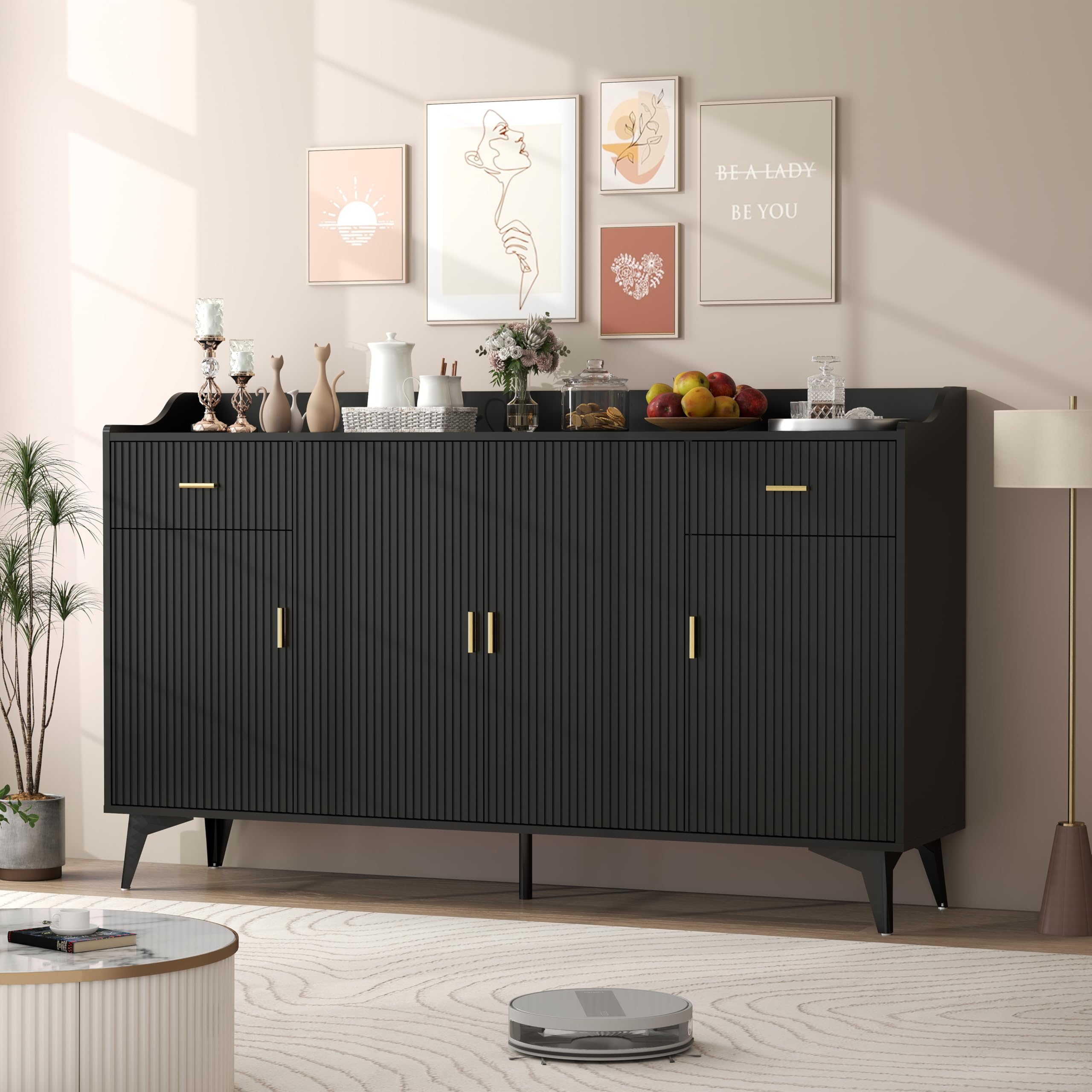 Black Fluted Sideboard Buffet Cabinet with Storage