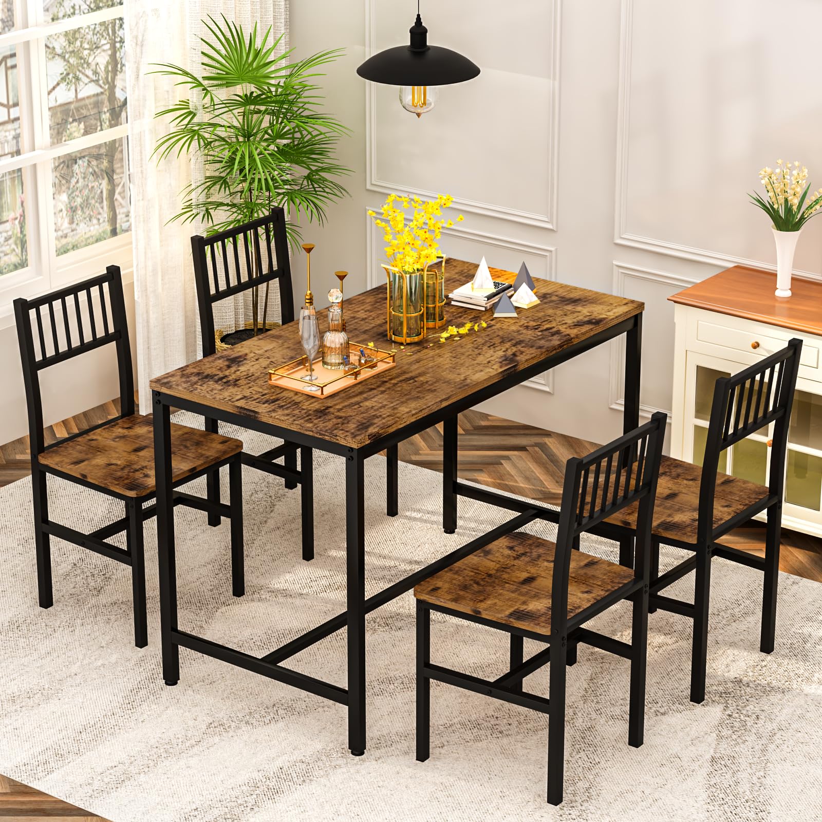 AWQM 5 Pieces Dining Table Set, Industrial Dining Table and Chairs for 4, Metal Frame with Wood Top, Kitchen Table Set for Dining Room, Breakfast Nook, Small Space, Rustic Brown
