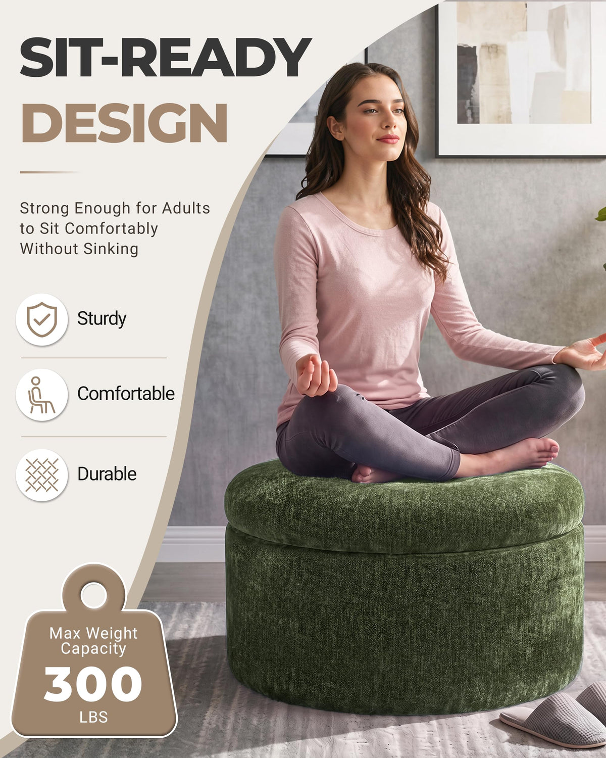 Fabulcozy 23.6in Round Pouf Ottoman, Chenille Ottoman Foot Rest with Dual‑Layer Support, Large Plush Pouf with Soft Chunk‑Foam Top & Firm Foam Base, Floor Foot Stool for Living Room, Green