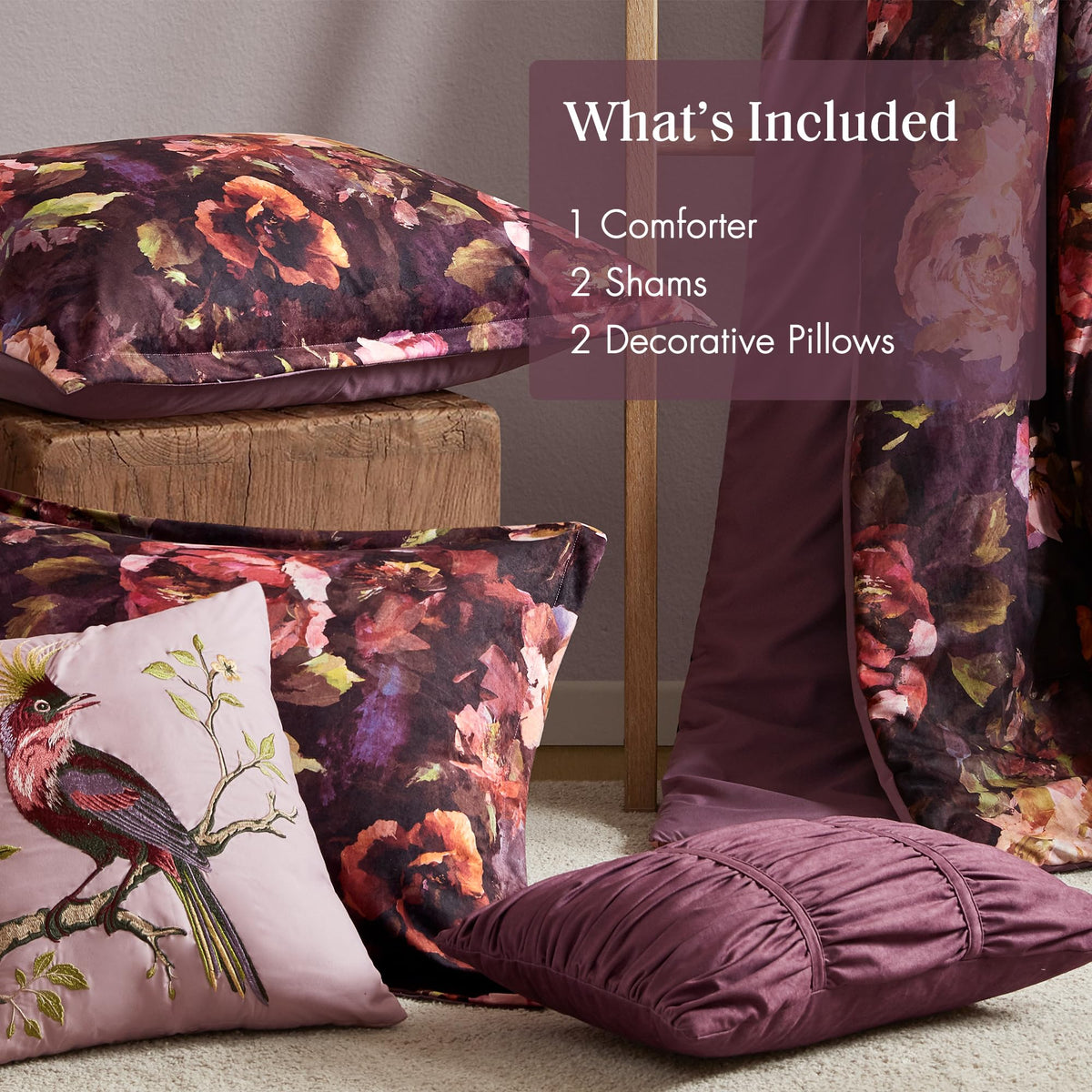 Purple Floral Velvet Queen Comforter Set
