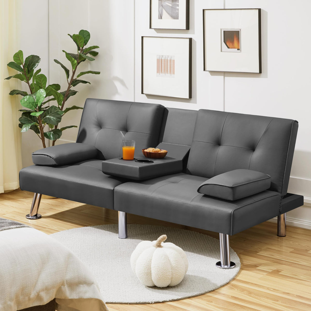 Convertible Futon Sofa Bed with Cup Holders