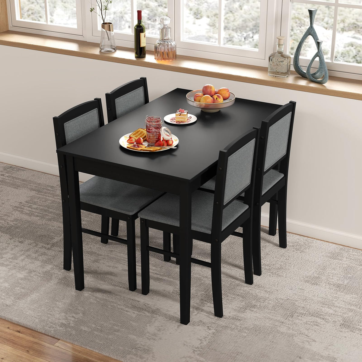 GIANTEX 5-Piece Dining Table Set for 4, Wooden Kitchen Table and Chairs with Solid Rubber Wood Legs, Padded Seat & Backrest, Space Saving Dinette Set for Home Dining Living Room, Breakfast Nook