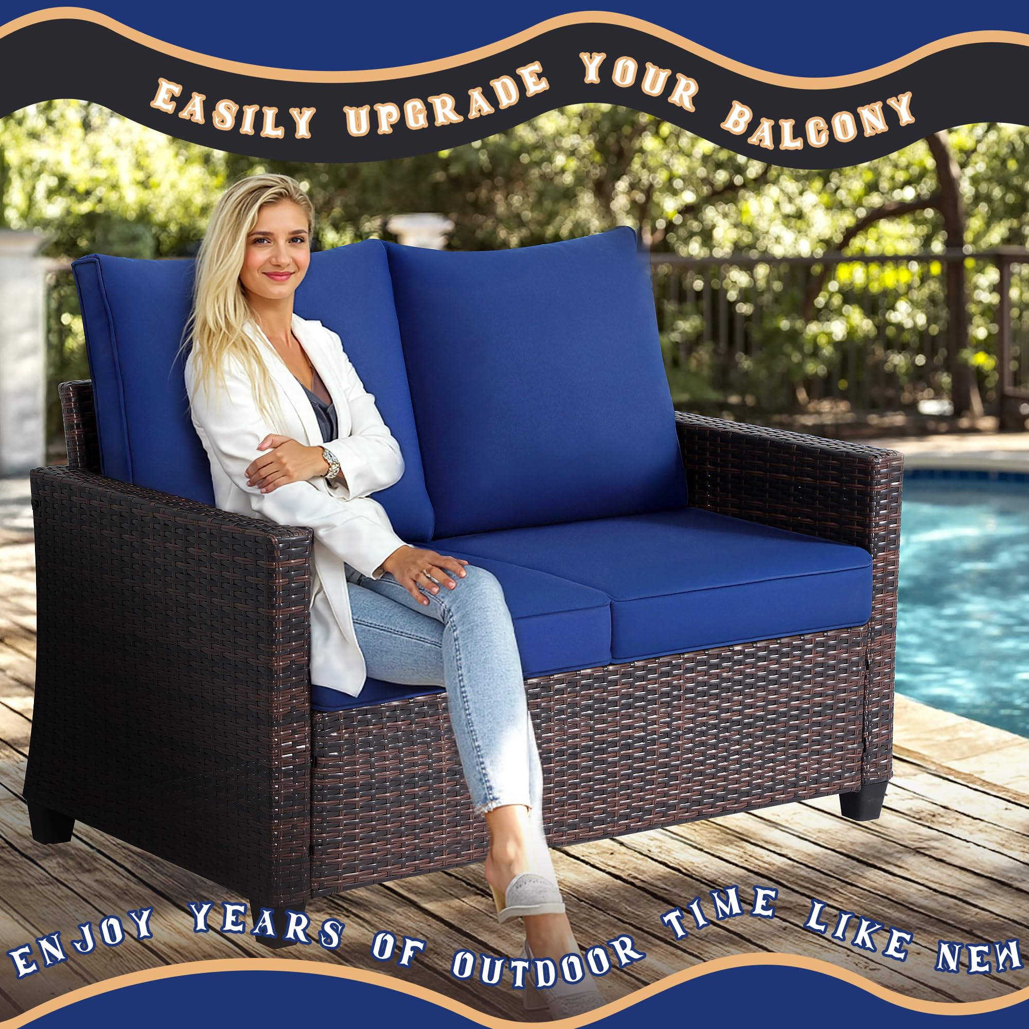 Outdoor Rattan Loveseat with Deep Seat Cushions