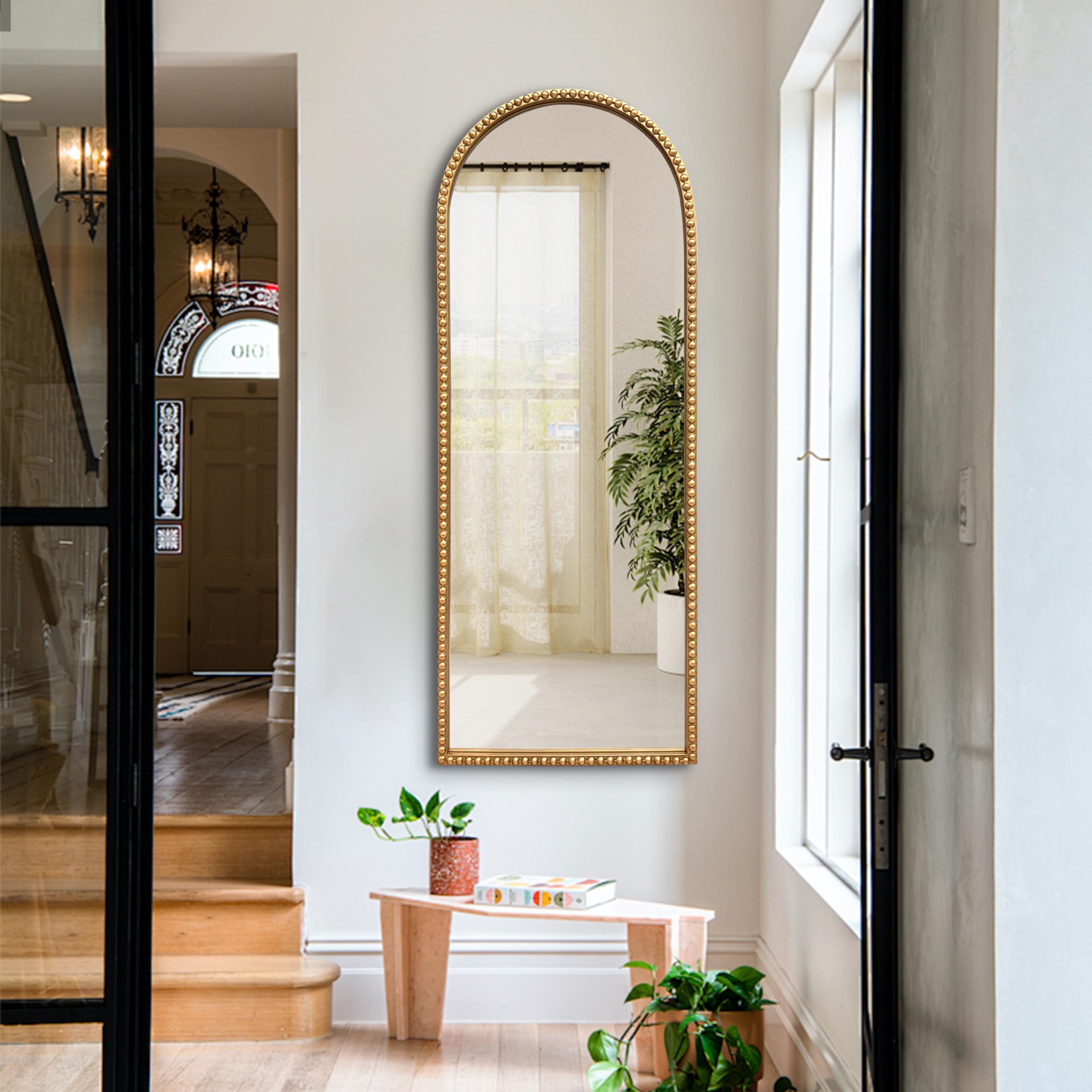 Gold Arch Full Length Wall Mirror with Antique Beaded Frame