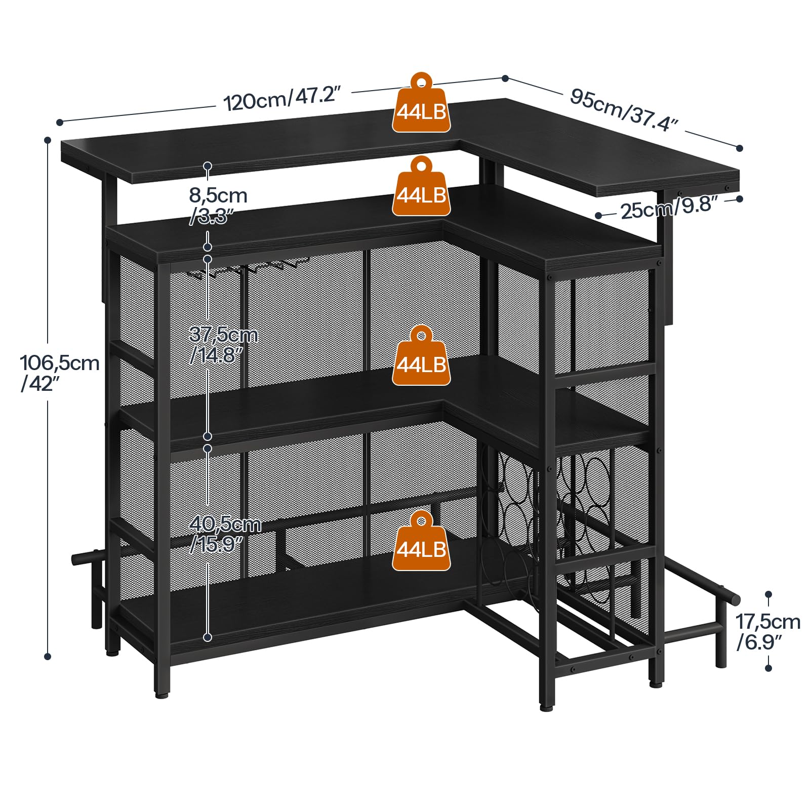 HOOBRO Home Bar Unit, L-Shaped Bar Table with Glasses Holder, and 4-Tier Shelves, Corner Mini Coffee Liquor Cabinet with Footrest,with LED Light APP Control for Home, Kitchen, Pub, Black BK129DBT01