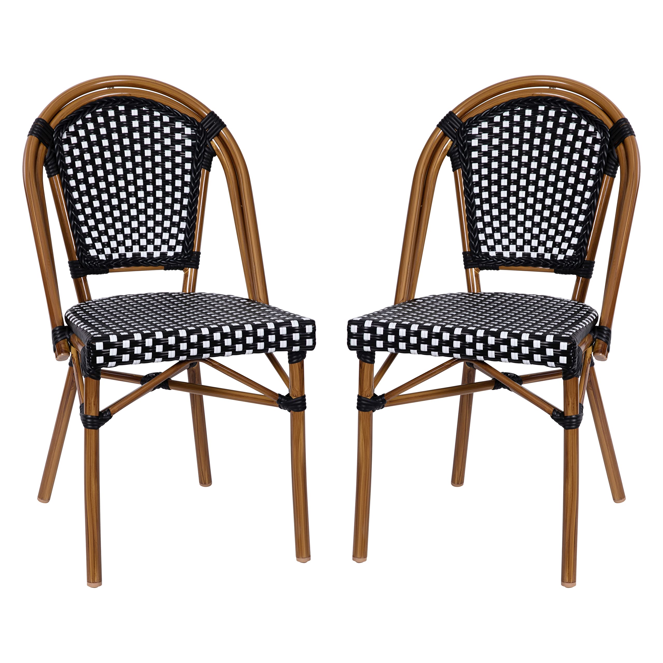 French Bistro Chairs with PE Rattan Seat & Back, Bamboo Finish Frame, Set of 2