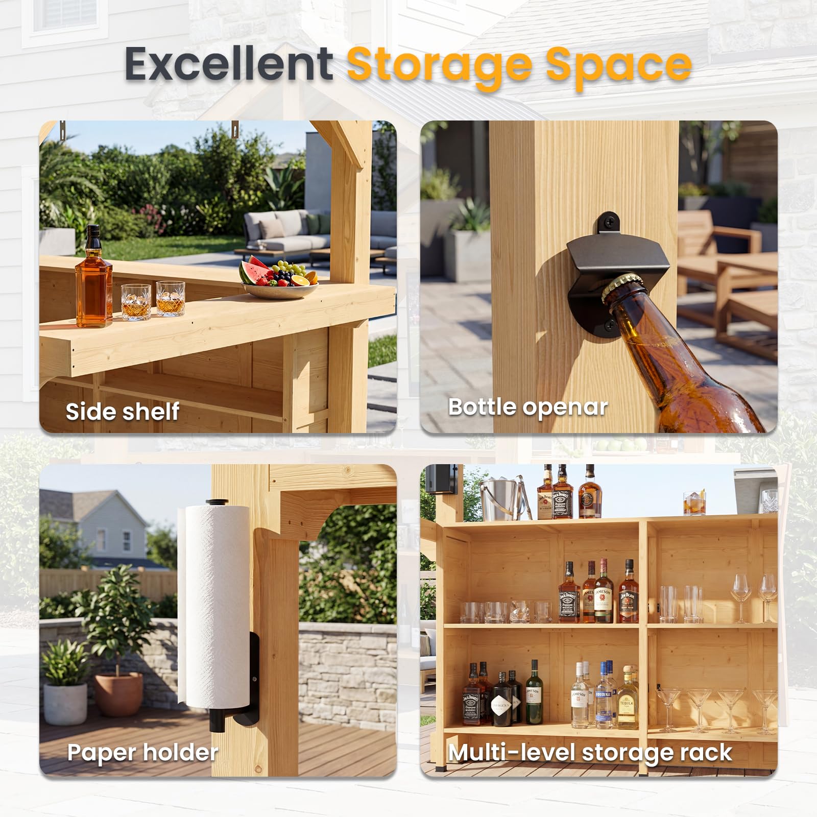 Outdoor Wood Bar Pavilion with Galvanized Steel Roof, Patio Bar Counter with Storage Shelves, All-Weather Backyard Entertaining Station for BBQ, Pool Party, Garden Deck