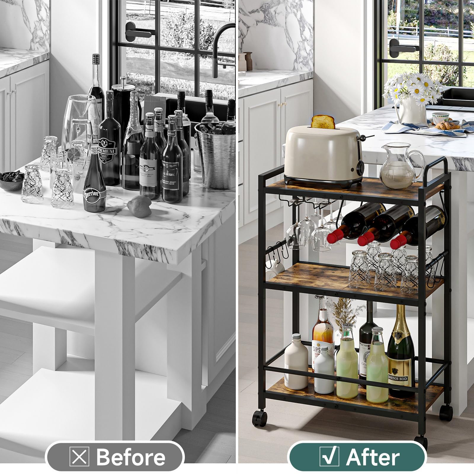 3-Tier Rolling Bar Cart with Wine Rack & Glass Holder