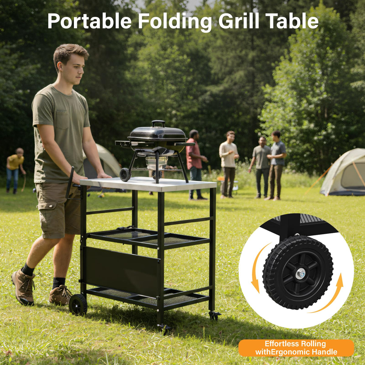 ROVSUN Stainless Steel Foldable Grill Table Cart, Outdoor Food Prep Rolling Cart with Wheels and Storage Shleves, Paper Towel Holder, Easy Movable Kitchen Island for Home, Patio, Pizza Oven