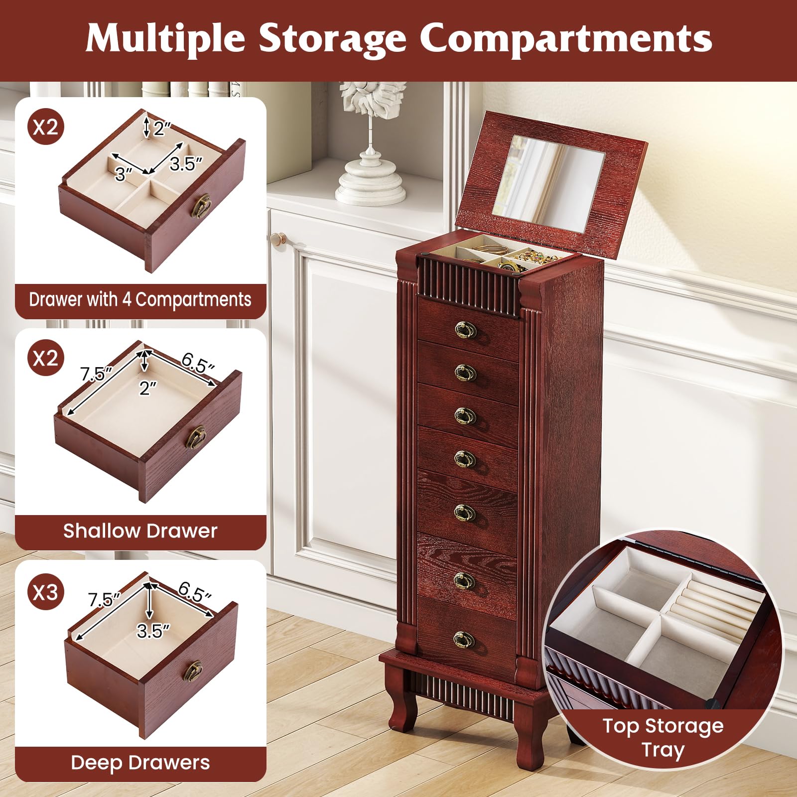 Standing Jewelry Cabinet with Mirror & Drawers