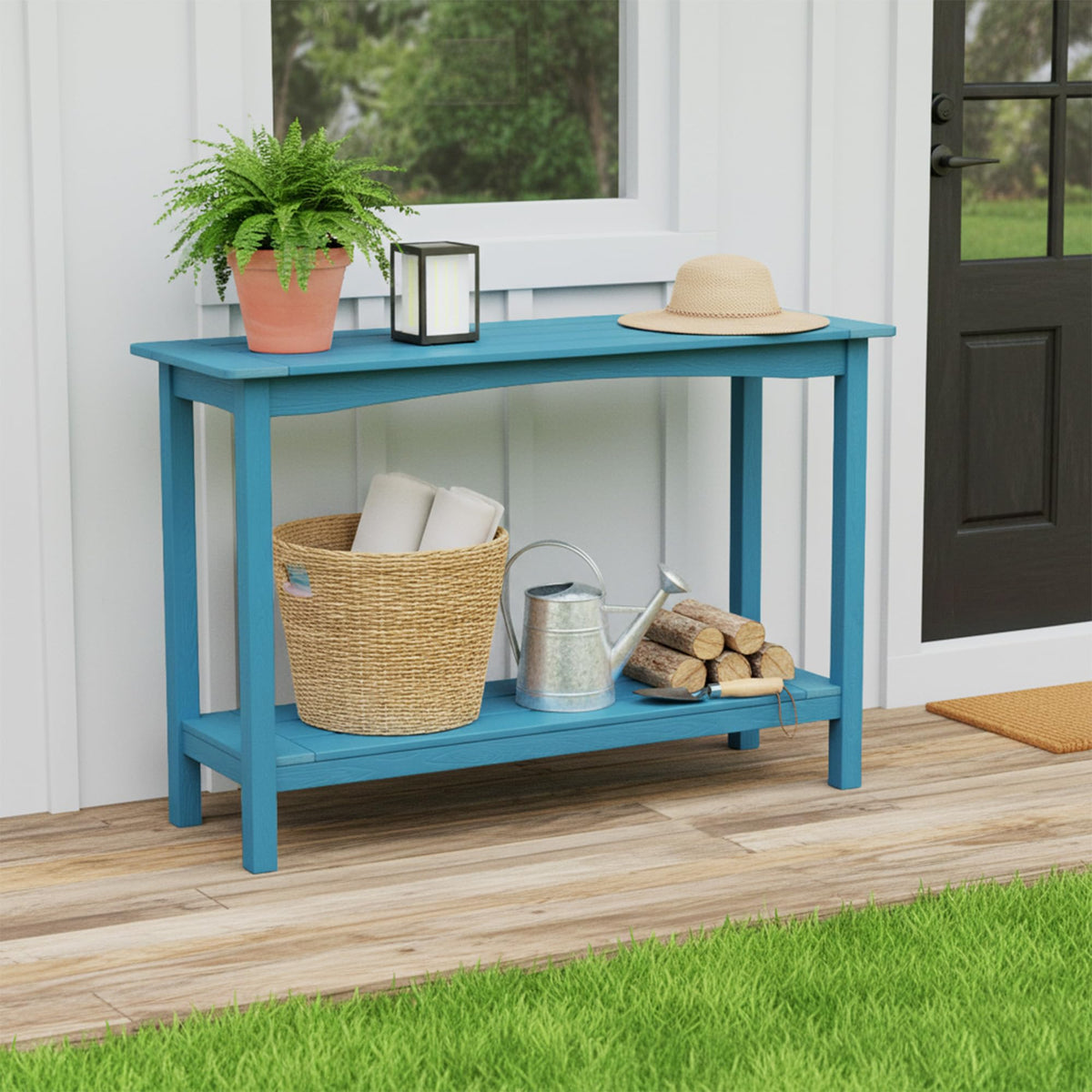 Outdoor Console Table, All-Weather 2-Tier Patio Console Table, Light Blue
