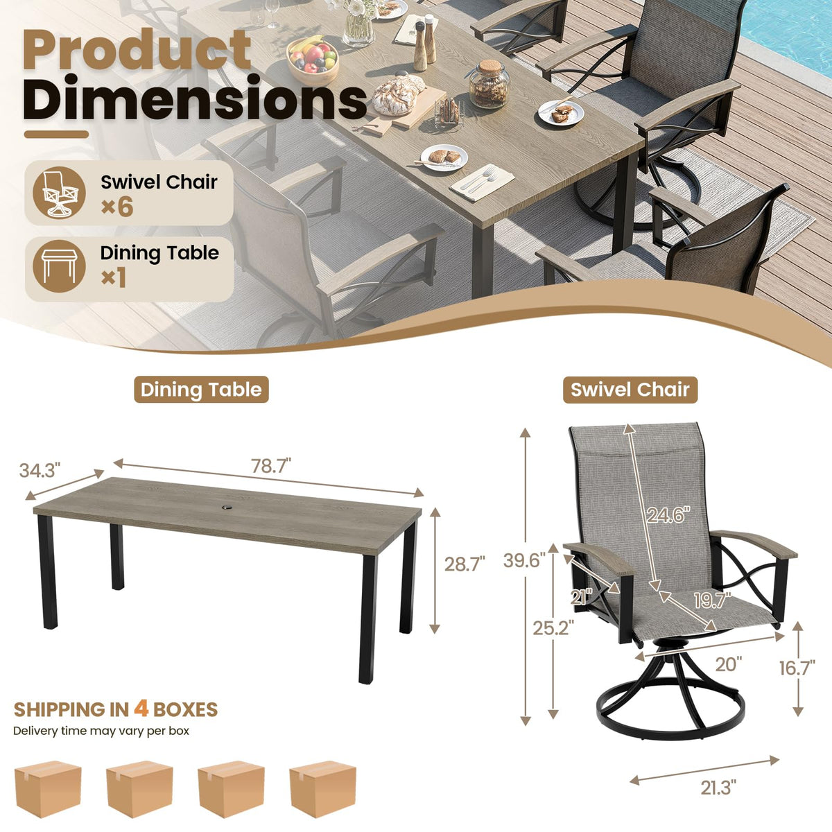 ASJMR 7 Pcs Patio Dining Set, All Weather Dining Table Set for 6, Outdoor Table and Chairs Set with 6 Textilene Chairs & 1 Rectangular Table, Patio Furniture Set for Backyard, Deck, Poolside