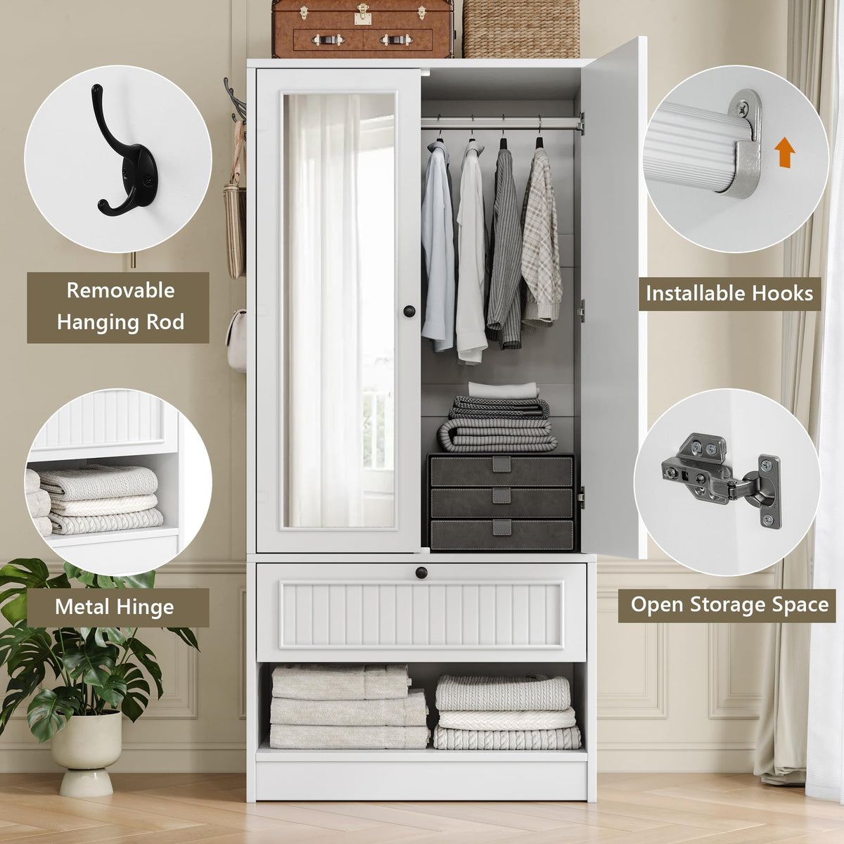 Einhomn 70" Armoire Wardrobe Closet with Doors & Mirror,Wooden Wardrobe with Drawers and 3 Side Hooks,Large Freestanding Bedroom Storage Wardrobe Cabinet,White