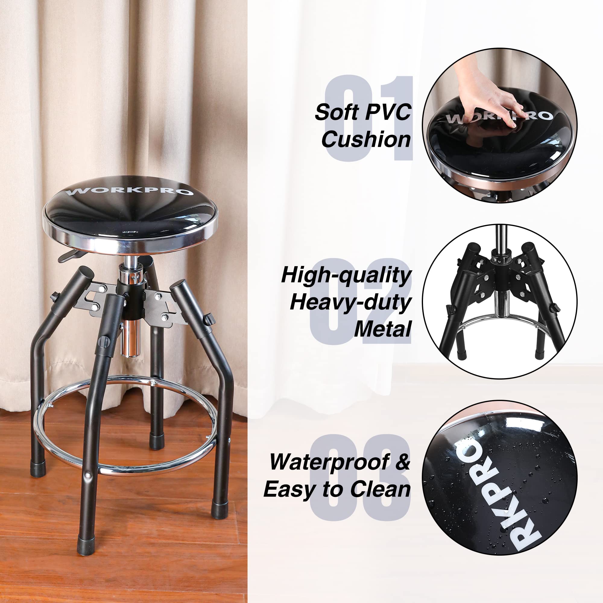 WORKPRO Heavy Duty Adjustable Hydraulic Shop Stool,Garage Bar Stool, 29in to 33.86in, 330-Pound Capacity, Black