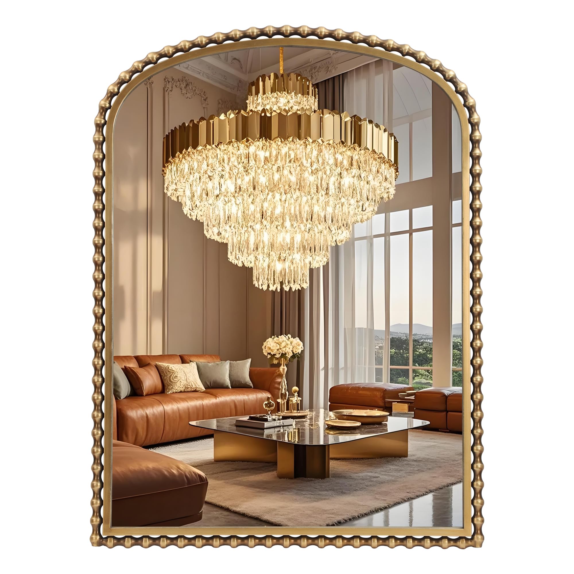 CAVINHOME 30x40 Inch Arched Wall Mirror, Antique Gold Beaded Metal Frame, Large Vertical Wall Mirror for Entryway, Bedroom or Hallway, Decorative Wall Mounted Mirror