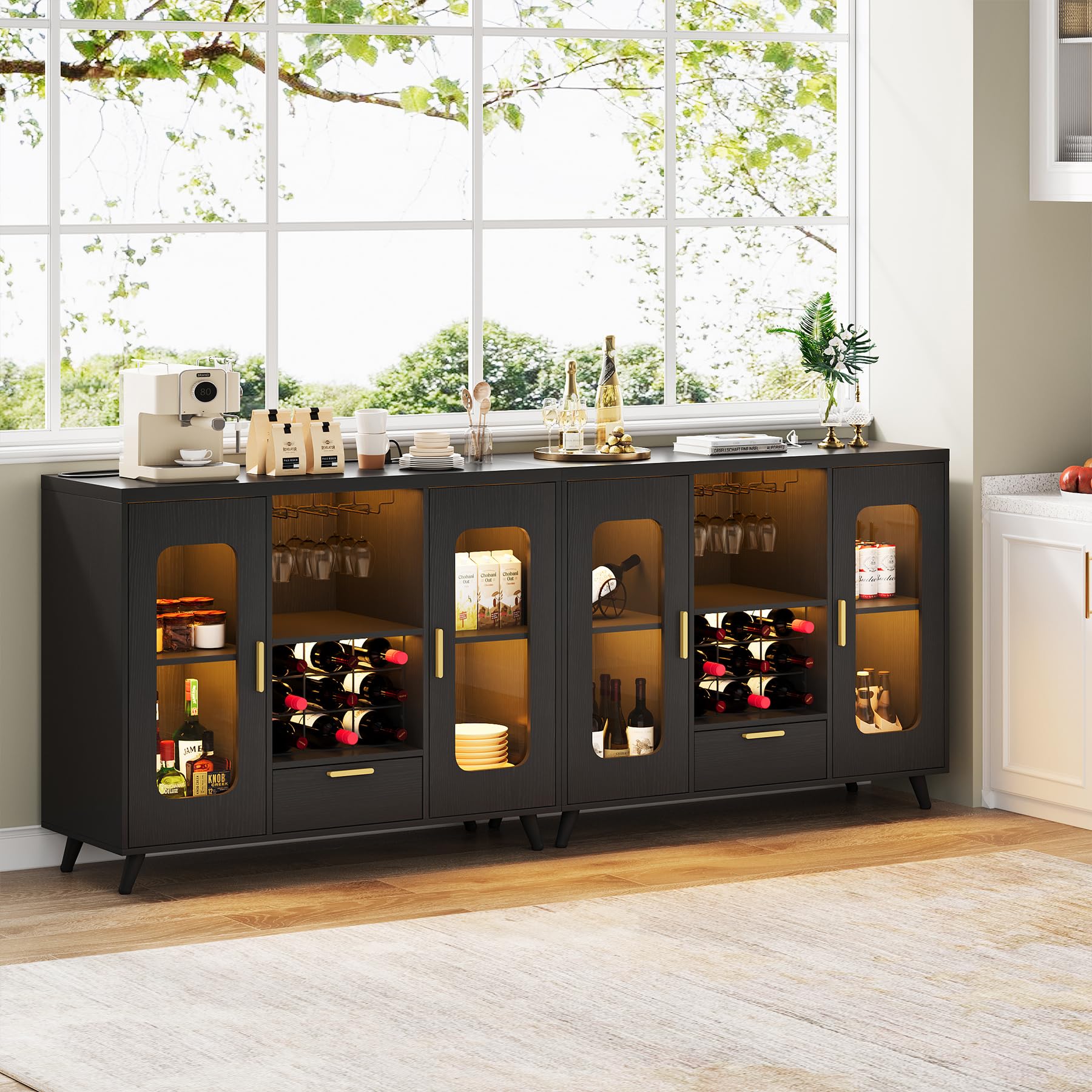Condemo Bar Cabinet with Power Outlets, Modern Coffee Bar Sideboard with LED Light, Farmhouse Liquor Cabinet with Wine Rack, Glass Holder & Wine Storage, Black