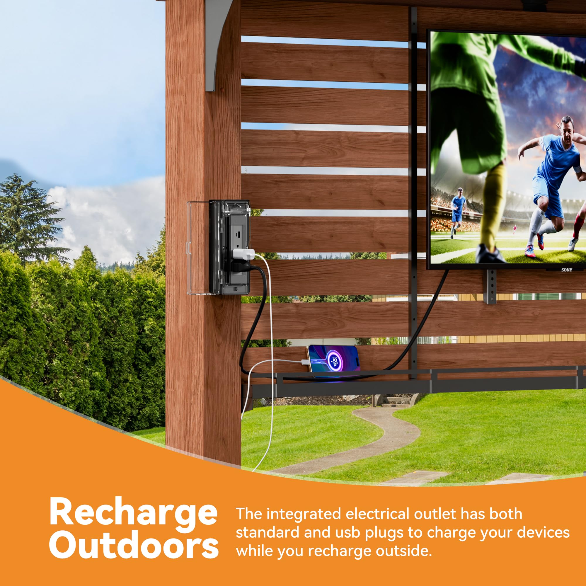 Modern Shade The Aura Cedar Wood Outdoor Bar with Shelves & Paper Towel Holder, Grill Gazebo with USB and USB-C Charging Ports, Wood Gazebo with TV Mount, Galvanized Steel Sloped Roof for Patio